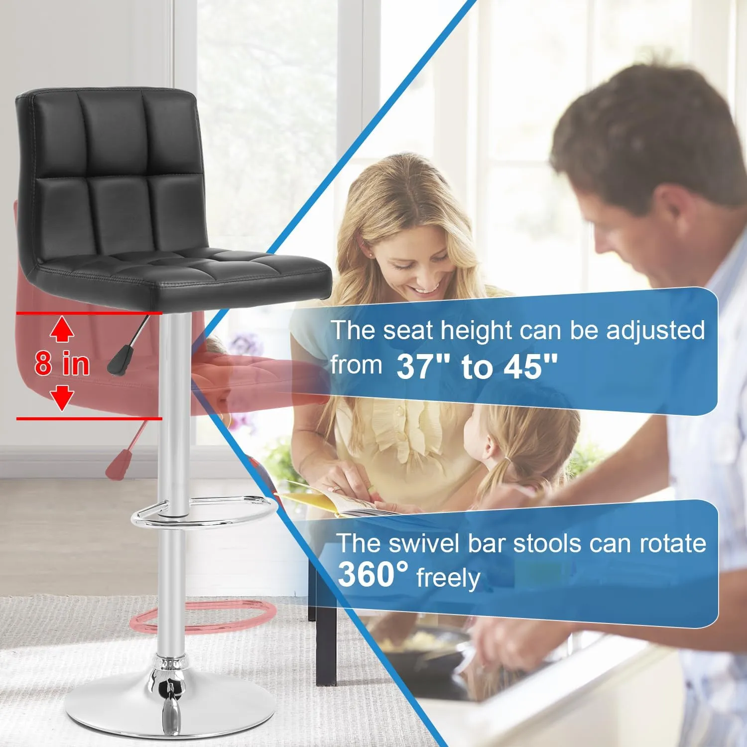 BestOffice Bar Stools Set of 2, Adjustable PU Leather Swivel Barstools, Modern Counter Stools with Back and Footrest, Counter Height Barstools for Bar, Kitchen and Dining Room