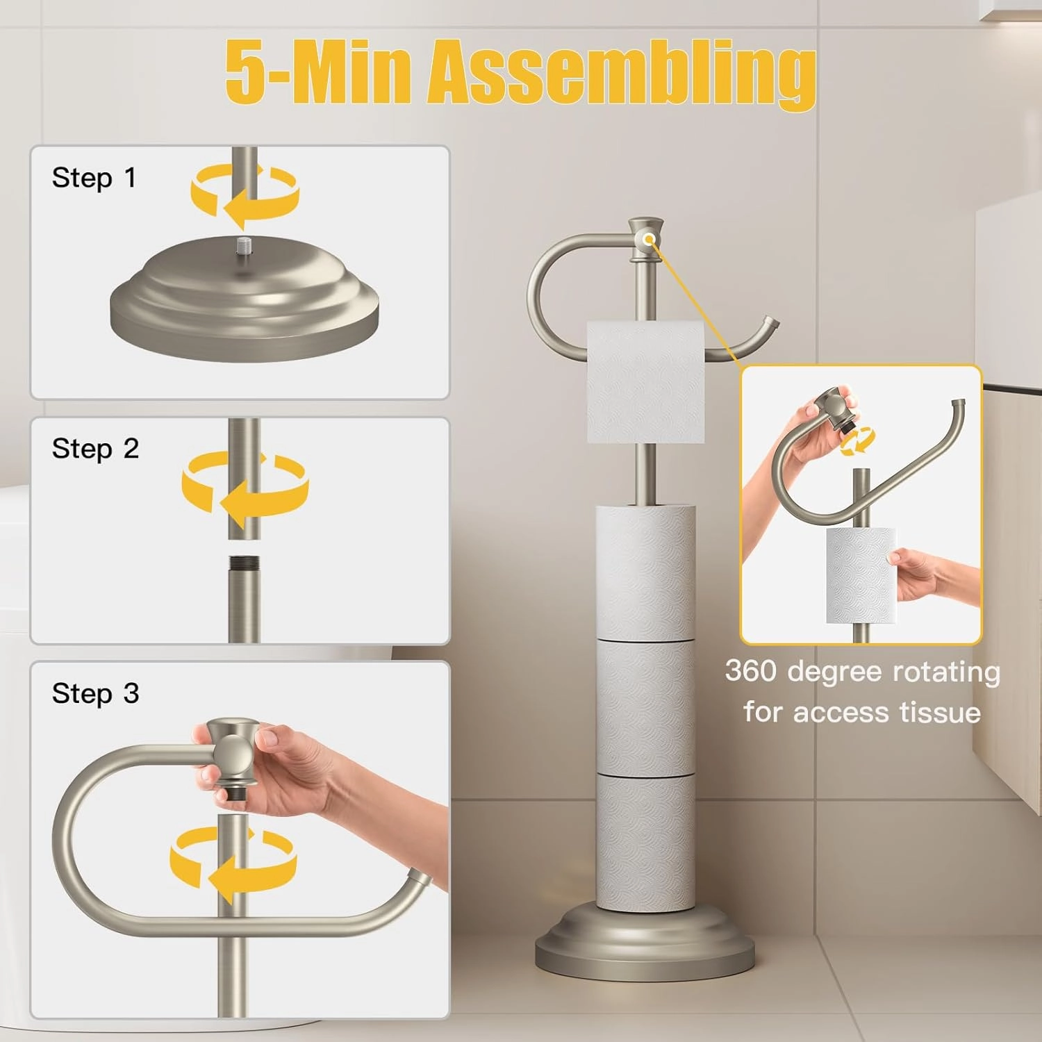 BESy Toilet Paper Holder Free Standing Bathroom Toilet Tissue Holder Stand for Floor Toilet Paper Roll Holder with Storage Hardware Accessories Rack Non Adjustable Brushed Nickel Stainless Steel