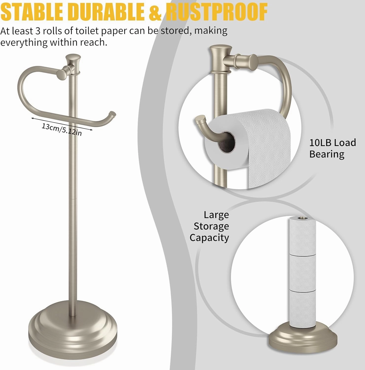 BESy Toilet Paper Holder Free Standing Bathroom Toilet Tissue Holder Stand for Floor Toilet Paper Roll Holder with Storage Hardware Accessories Rack Non Adjustable Brushed Nickel Stainless Steel