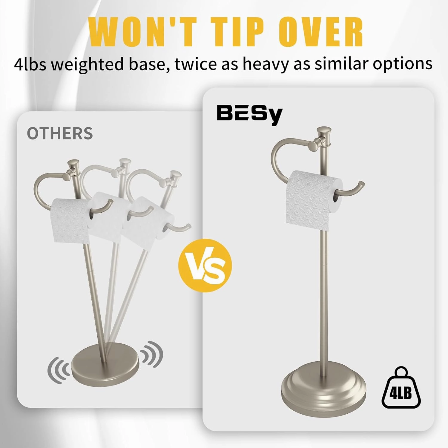 BESy Toilet Paper Holder Free Standing Bathroom Toilet Tissue Holder Stand for Floor Toilet Paper Roll Holder with Storage Hardware Accessories Rack Non Adjustable Brushed Nickel Stainless Steel