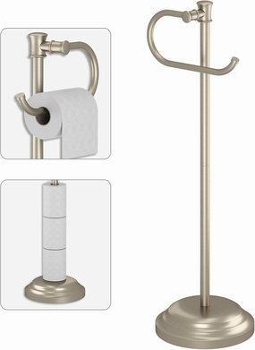 BESy Toilet Paper Holder Free Standing Bathroom Toilet Tissue Holder Stand for Floor Toilet Paper Roll Holder with Storage Hardware Accessories Rack Non Adjustable Brushed Nickel Stainless Steel