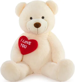 Big Teddy Bears, Giant White Teddy Bear Stuffed Animals with Embroidered I Love You for Girlfriend, Red Heart Fluffy Teddy Bear Birthday Gifts 36 inches