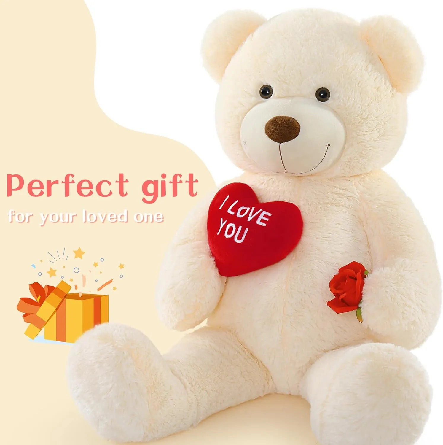 Big Teddy Bears, Giant White Teddy Bear Stuffed Animals with Embroidered I Love You for Girlfriend, Red Heart Fluffy Teddy Bear Birthday Gifts 36 inches