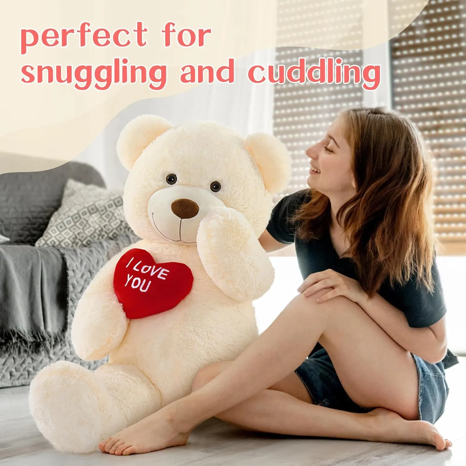 Big Teddy Bears, Giant White Teddy Bear Stuffed Animals with Embroidered I Love You for Girlfriend, Red Heart Fluffy Teddy Bear Birthday Gifts 36 inches