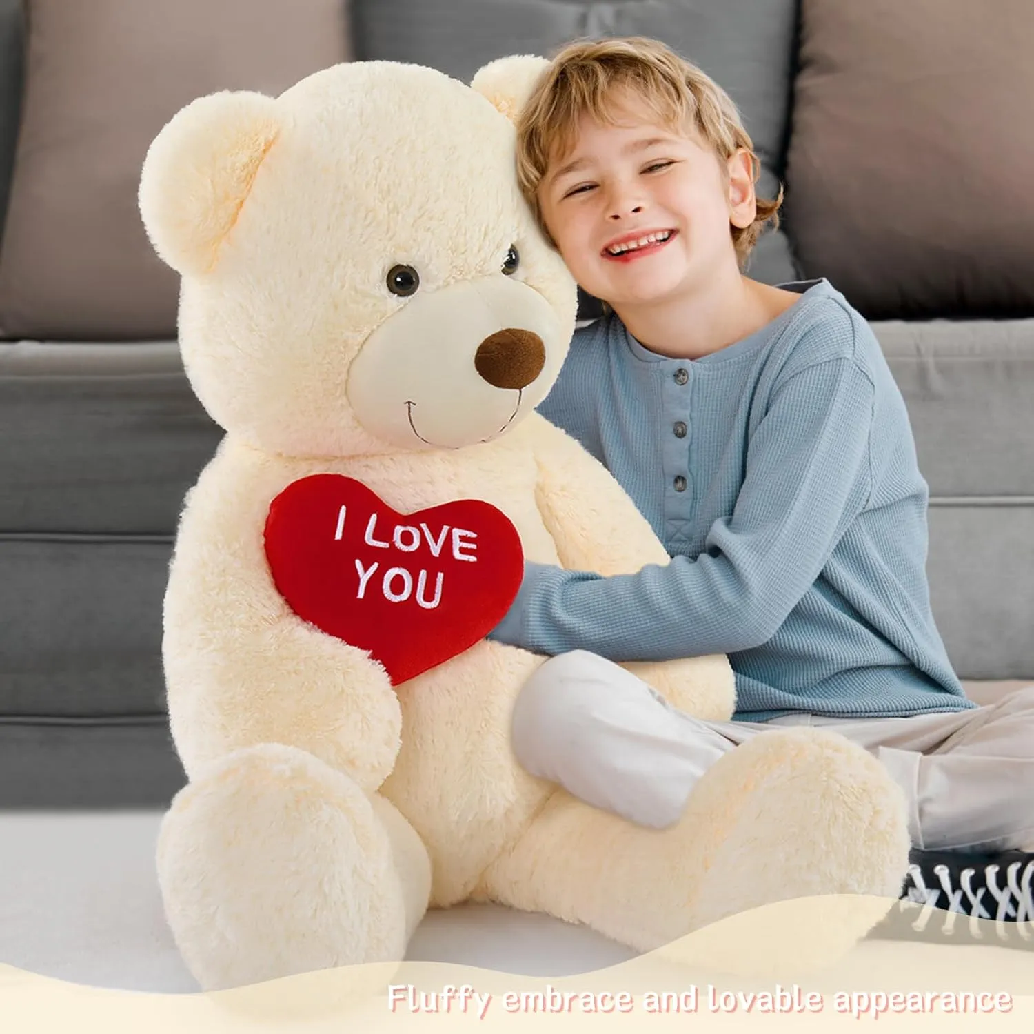 Big Teddy Bears, Giant White Teddy Bear Stuffed Animals with Embroidered I Love You for Girlfriend, Red Heart Fluffy Teddy Bear Birthday Gifts 36 inches
