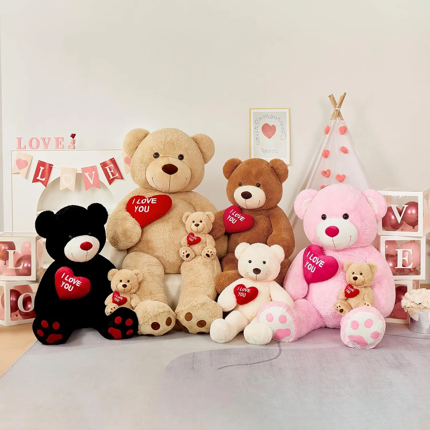 Big Teddy Bears, Giant White Teddy Bear Stuffed Animals with Embroidered I Love You for Girlfriend, Red Heart Fluffy Teddy Bear Birthday Gifts 36 inches