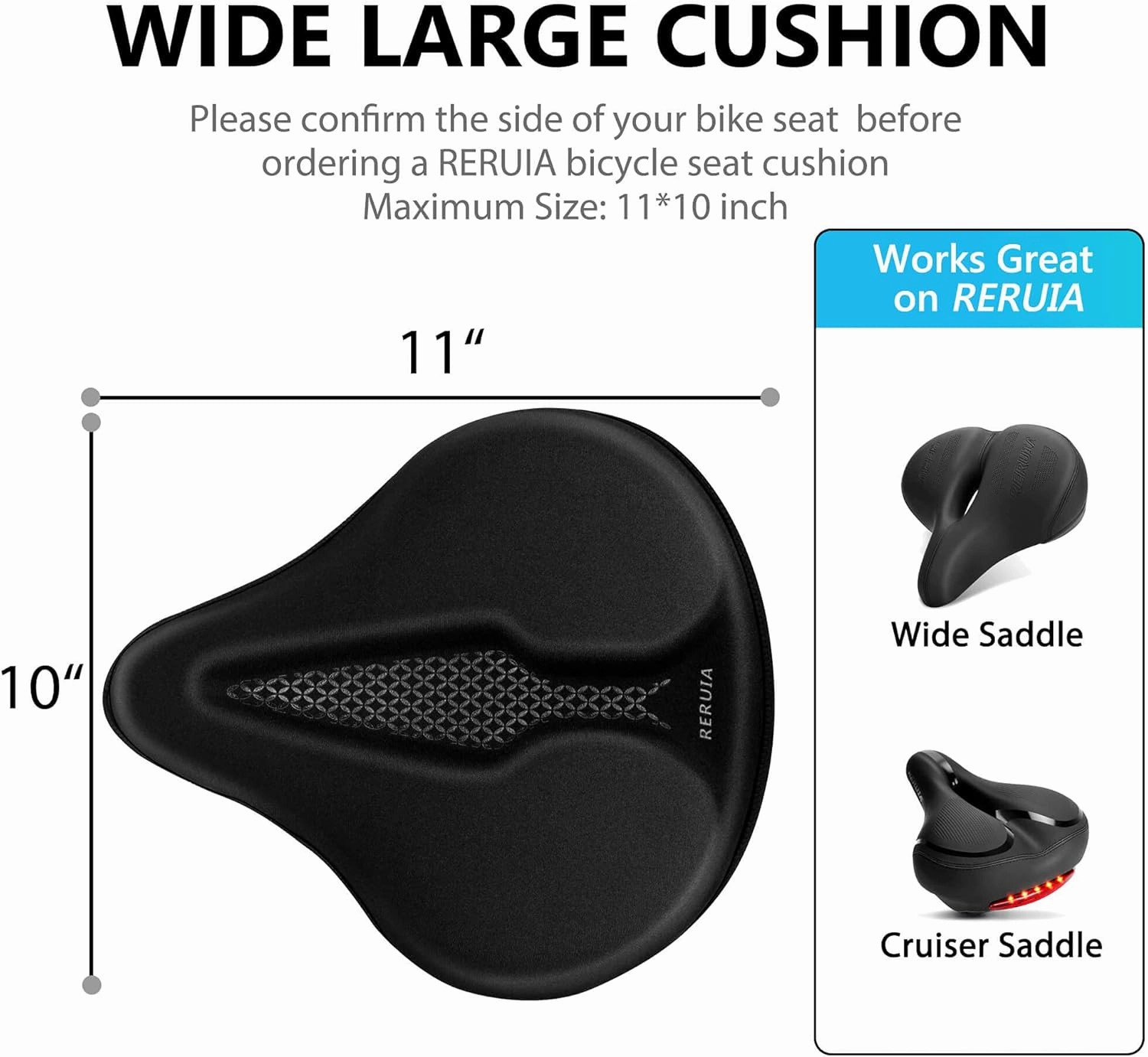 Bike Seat Cover Wide Comfortable - Bicycle Seat Cushion Soft Memory Foam Padded Large Exercise Saddle Cover Replacement for Men Women Seniors Indoor Outdoor Cycling, 11 X 10 Inches