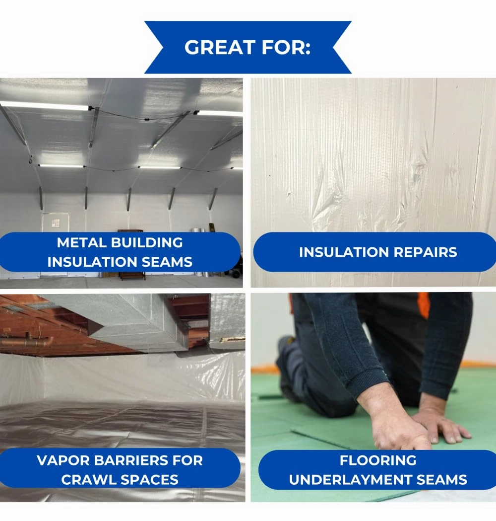 BlueTex Insulationㅤ 3" Wide x 180' Long White Vapor Barrier Seam Tape - 1 Roll, Waterproofing & Great for Crawlspaces, Insulation Repairs, Underlayment Seams, Metal Building Insulation Seams