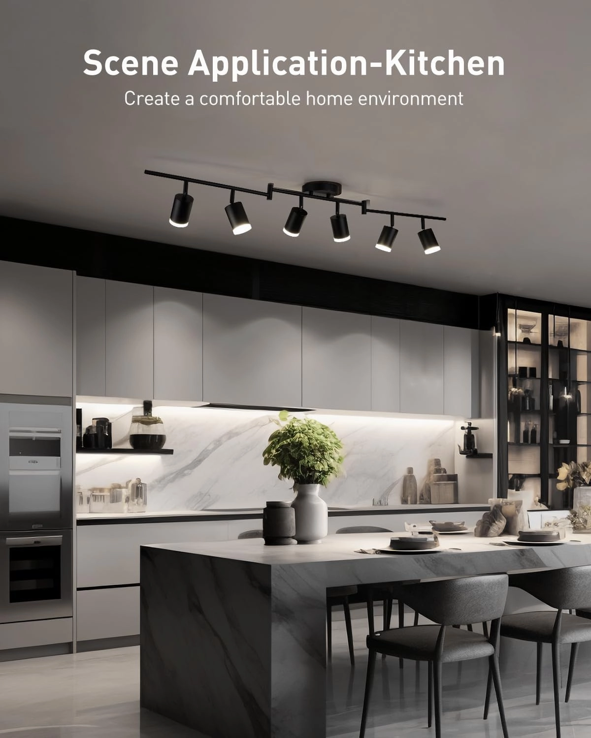 Bojim 6 Light Black Track Lighting Kit, Modern LED Track Lighting Fixtures Ceiling, Flexibly Rotatable LED Light Head with Acrylic Ring, Kitchen Ceiling Track Light (GU10, Bulbs Not Included)