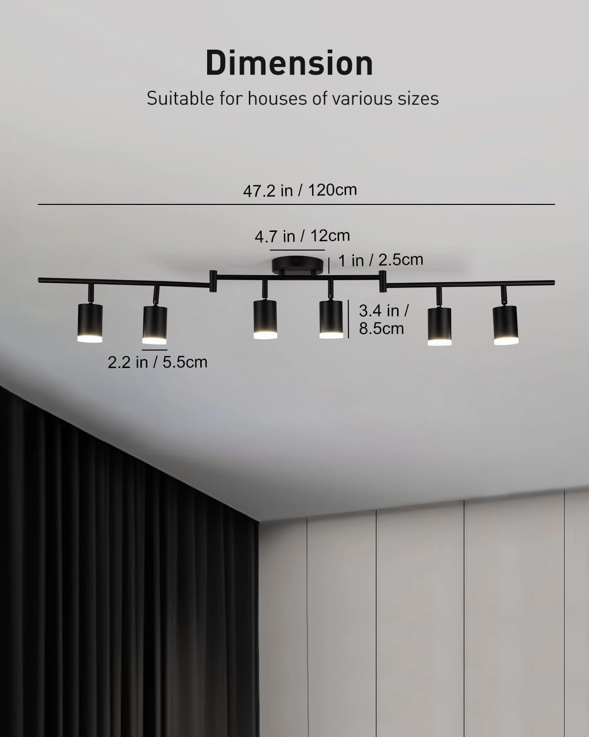 Bojim 6 Light Black Track Lighting Kit, Modern LED Track Lighting Fixtures Ceiling, Flexibly Rotatable LED Light Head with Acrylic Ring, Kitchen Ceiling Track Light (GU10, Bulbs Not Included)