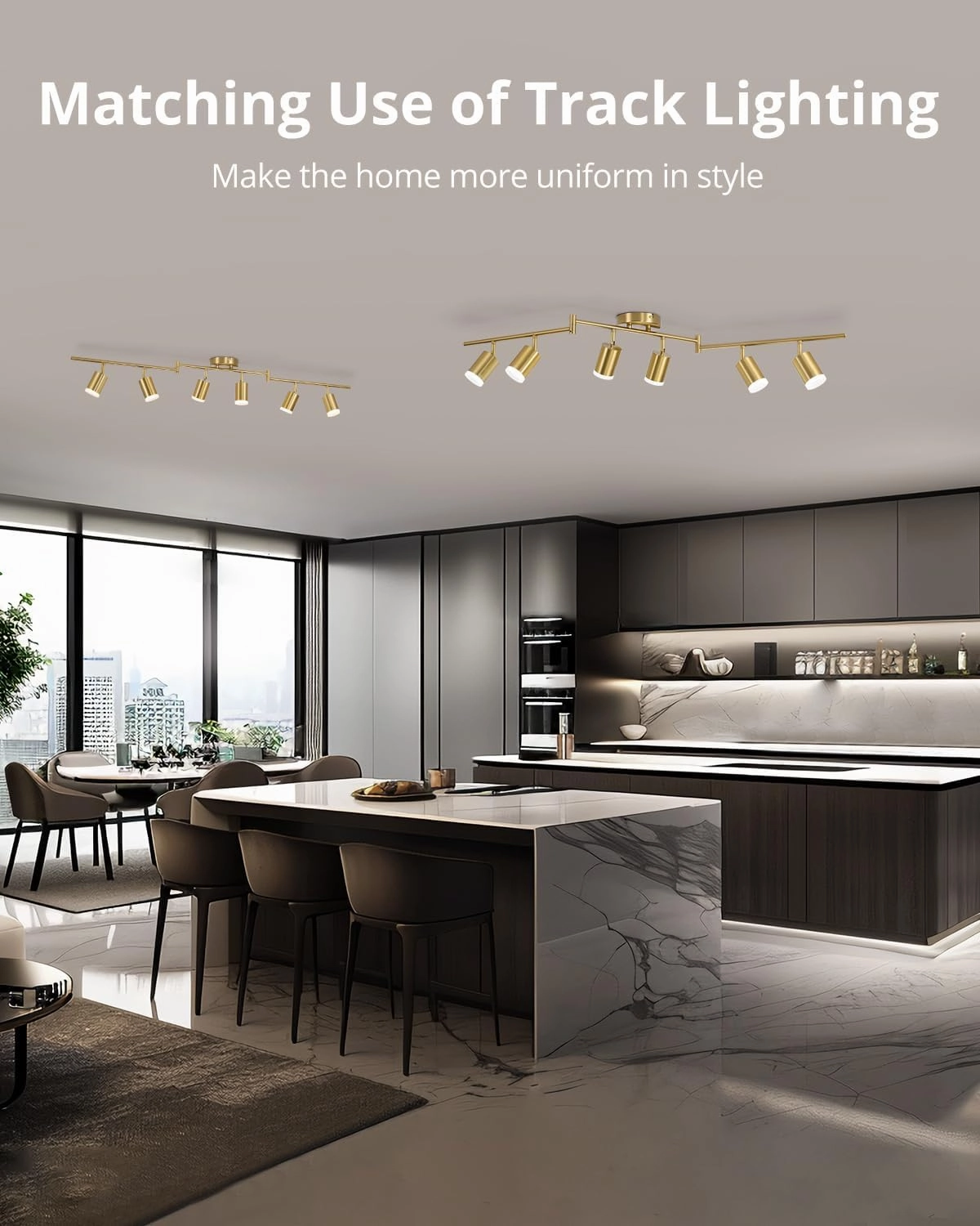 Bojim 6 Light Gold Track Lighting Kit, Modern LED Track Lighting Fixtures Ceiling, Flexibly Rotatable LED Light Head with Acrylic Ring, Kitchen Ceiling Spot Light(GU10 Socket, Bulbs Not Included)