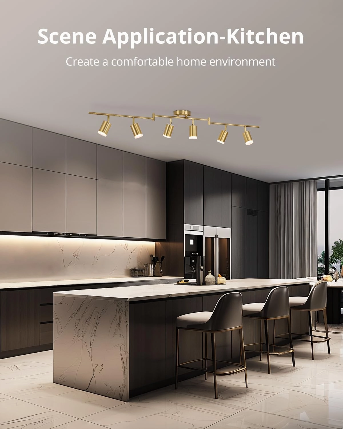 Bojim 6 Light Gold Track Lighting Kit, Modern LED Track Lighting Fixtures Ceiling, Flexibly Rotatable LED Light Head with Acrylic Ring, Kitchen Ceiling Spot Light(GU10 Socket, Bulbs Not Included)
