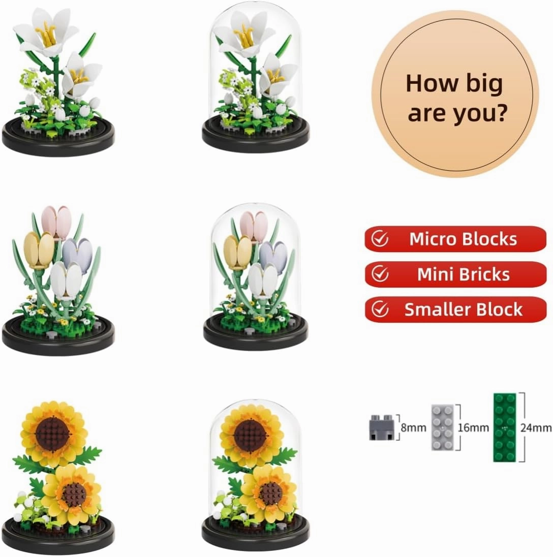 Botanical Flower Micro Blocks Set with Display Cover for Adults and Teens,600 PCS Mini Bricks Artificial Flowers for Birthday and Gift Idea for Significant Other, Lily,Sunflower and Tulip
