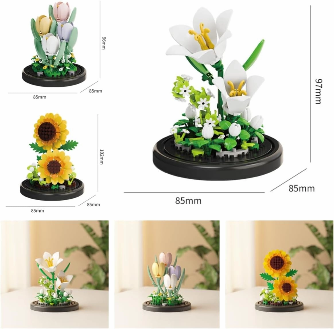 Botanical Flower Micro Blocks Set with Display Cover for Adults and Teens,600 PCS Mini Bricks Artificial Flowers for Birthday and Gift Idea for Significant Other, Lily,Sunflower and Tulip