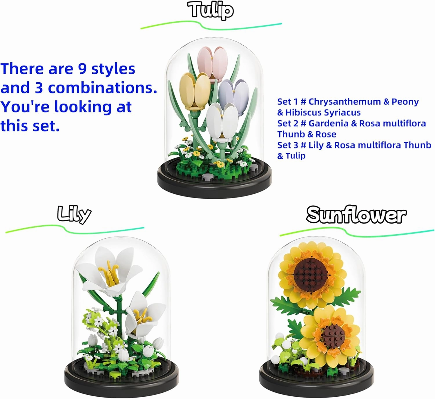 Botanical Flower Micro Blocks Set with Display Cover for Adults and Teens,600 PCS Mini Bricks Artificial Flowers for Birthday and Gift Idea for Significant Other, Lily,Sunflower and Tulip