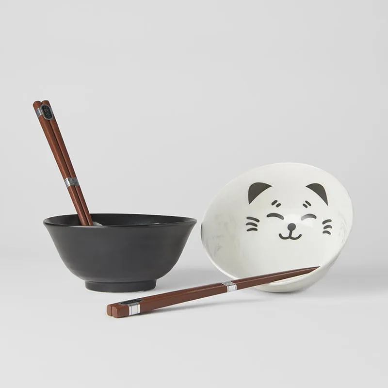 Bowl Set 2pcs with Chopsticks Cat Face Design