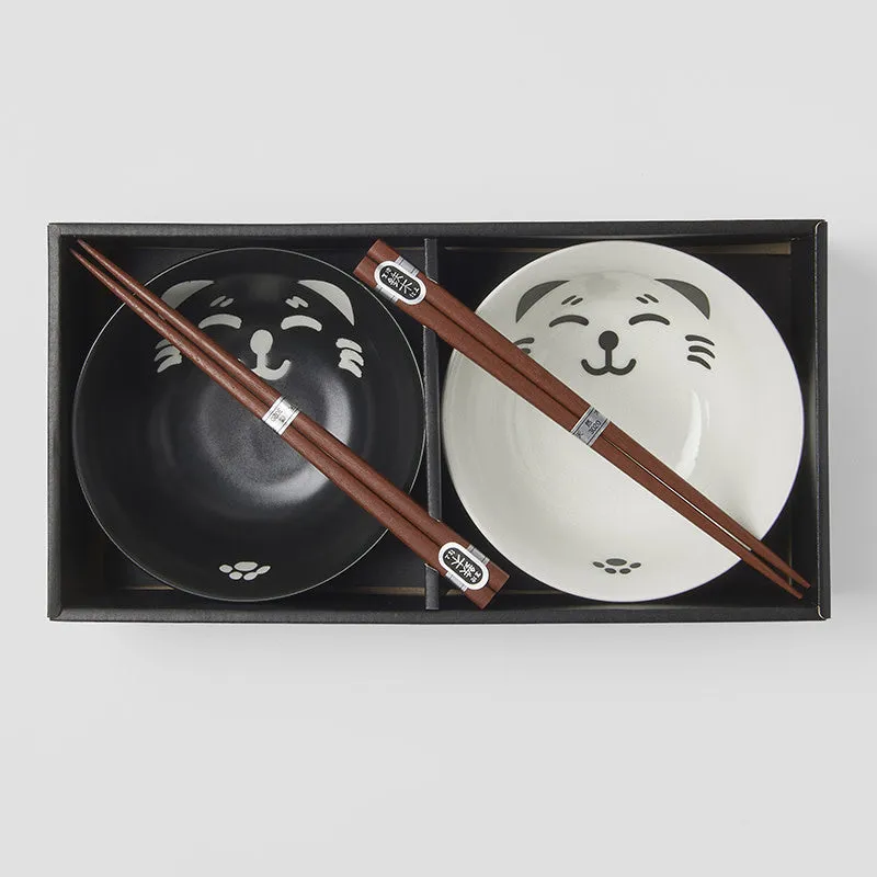 Bowl Set 2pcs with Chopsticks Cat Face Design