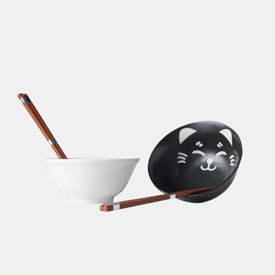Bowl Set 2pcs with Chopsticks Cat Face Design