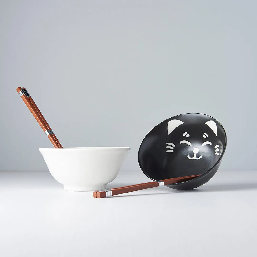 Bowl Set 2pcs with Chopsticks Cat Face Design