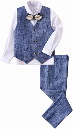 Boys Suit Plaid Stripes Suits for Boys 4 Piece Formal Wedding Outfit Slim Fit Suit Vest Pants Shirt Set with Bow Tie
