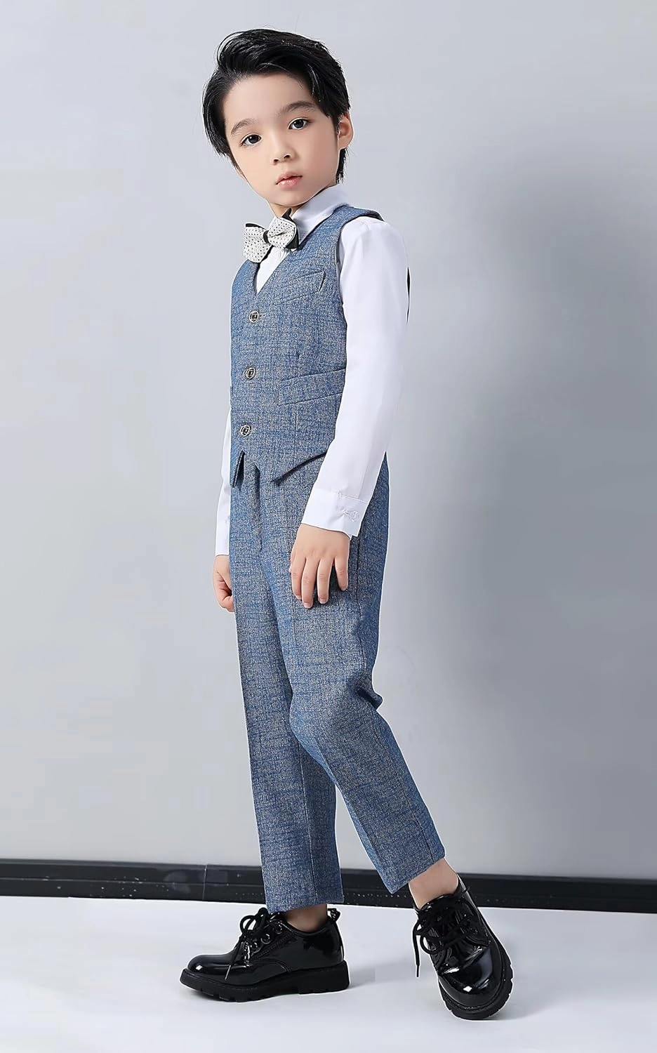 Boys Suit Plaid Stripes Suits for Boys 4 Piece Formal Wedding Outfit Slim Fit Suit Vest Pants Shirt Set with Bow Tie