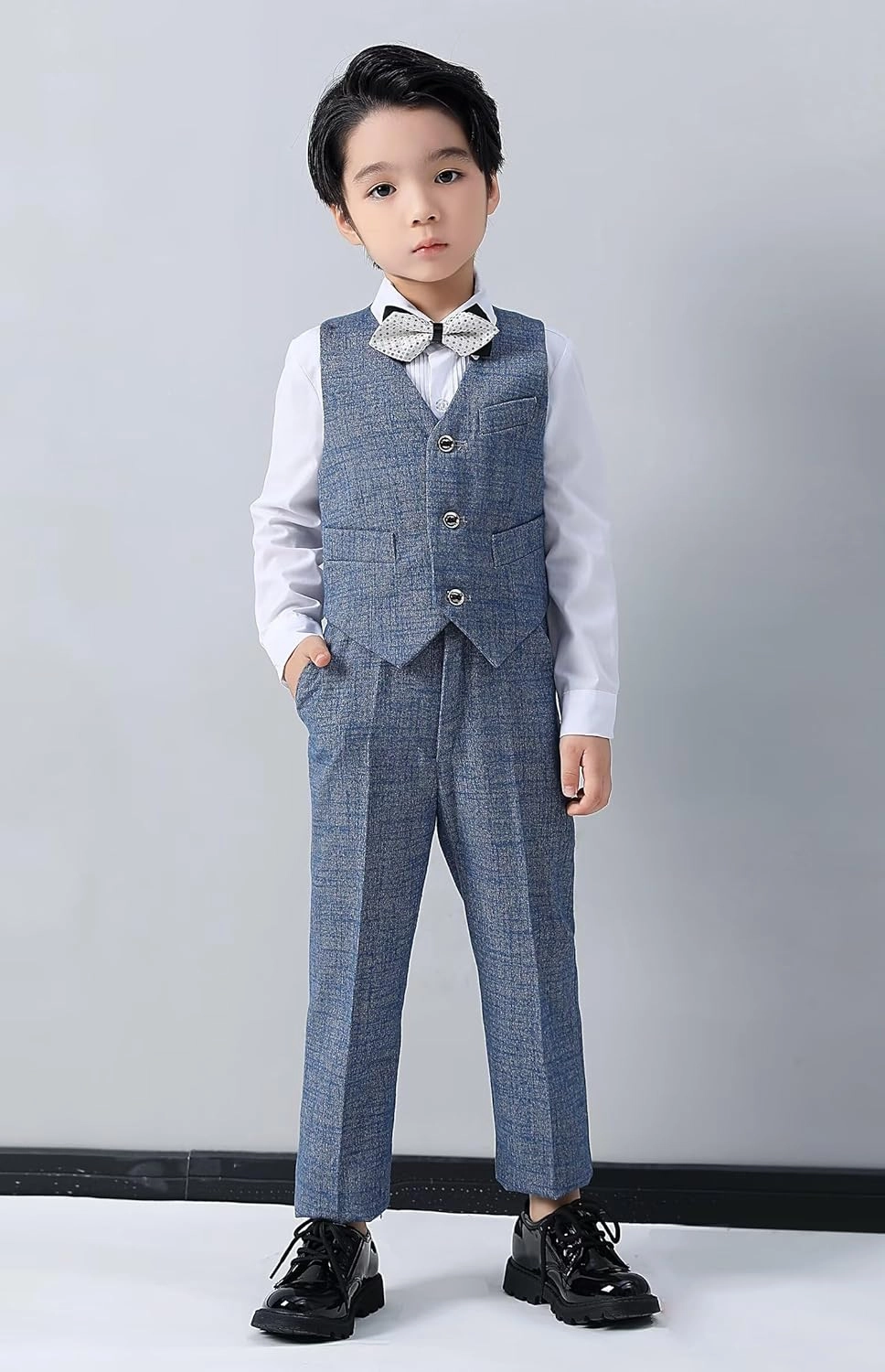 Boys Suit Plaid Stripes Suits for Boys 4 Piece Formal Wedding Outfit Slim Fit Suit Vest Pants Shirt Set with Bow Tie