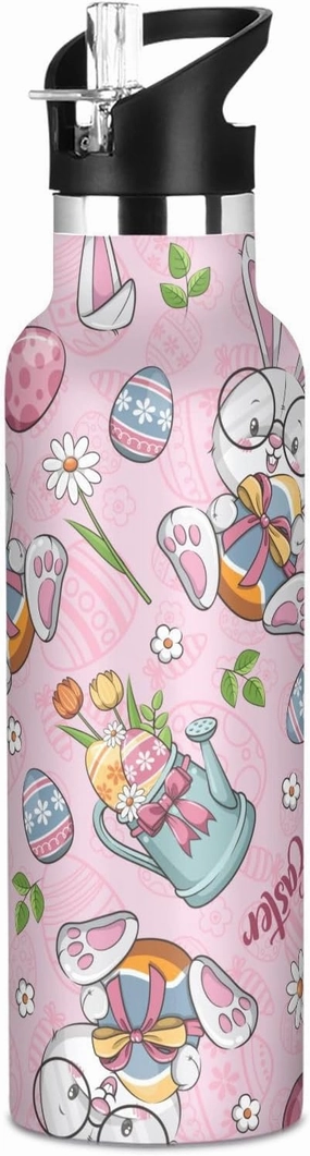 Boys Water Bottle with Straw Reusable Tumbler for Toddlers 20oz Kids Insulated Cups Leak Proof Double Wall 304 Stainless Steel Water Flask School Bottle,Happy Easter with Cute Bunny