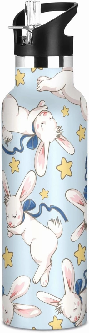 Boys Water Bottle with Straw Reusable Tumbler for Toddlers 20oz Kids Insulated Cups Leak Proof Double Wall 304 Stainless Steel Water Flask School Bottle,Spring Sleeping Bunny and Stars