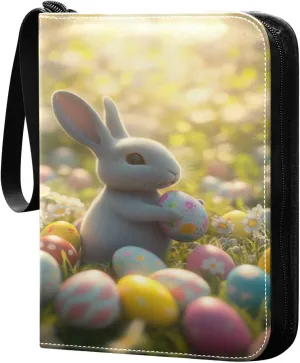 Bunny Surrounded by Colorful Easter Eggs Cards Binder 4 Pocket Fits 400 Cards with 50 Removable Sleevesves, Trading Card Collector Zipper Album Holder Portable Card Games Display Storage Cases