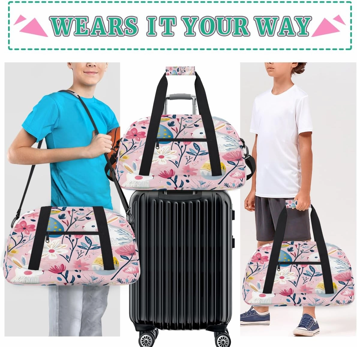Bunny Flower Kids Overnighter Duffel Bags for Boys, Carry-On Size Sports Gym Bag with Front Zipper Pocket for School Practice or Overnight Travel Weekender Sleepover Tote Bag