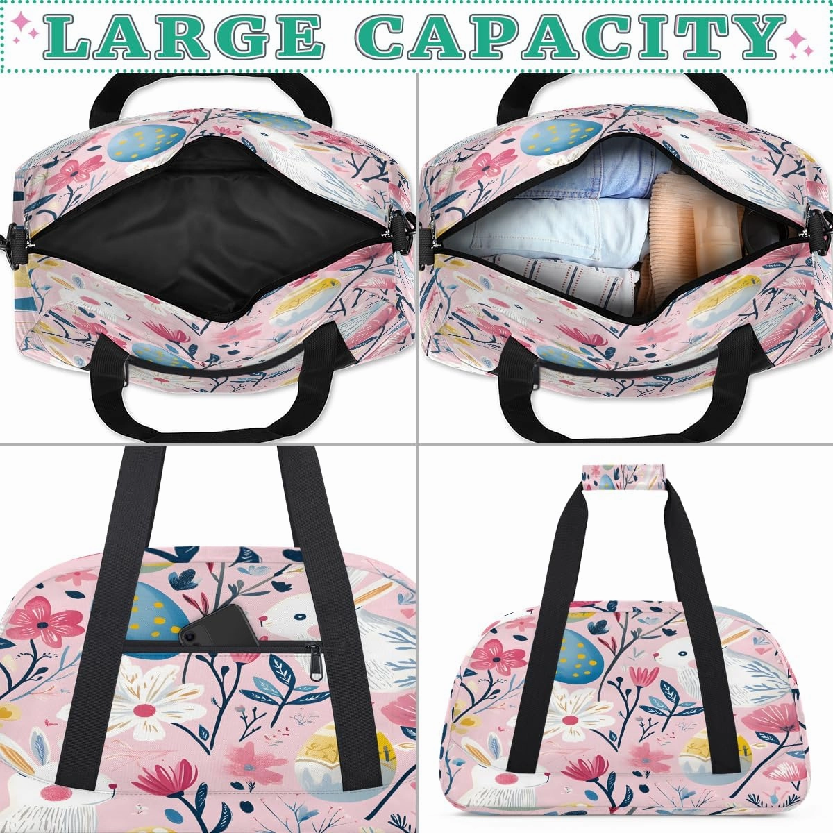 Bunny Flower Kids Overnighter Duffel Bags for Boys, Carry-On Size Sports Gym Bag with Front Zipper Pocket for School Practice or Overnight Travel Weekender Sleepover Tote Bag