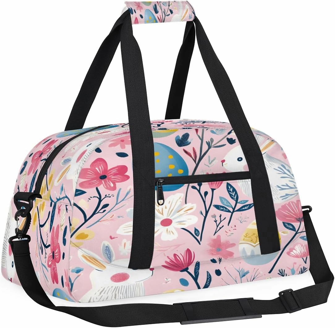 Bunny Flower Kids Overnighter Duffel Bags for Boys, Carry-On Size Sports Gym Bag with Front Zipper Pocket for School Practice or Overnight Travel Weekender Sleepover Tote Bag