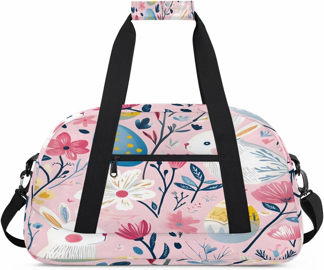 Bunny Flower Kids Overnighter Duffel Bags for Boys, Carry-On Size Sports Gym Bag with Front Zipper Pocket for School Practice or Overnight Travel Weekender Sleepover Tote Bag