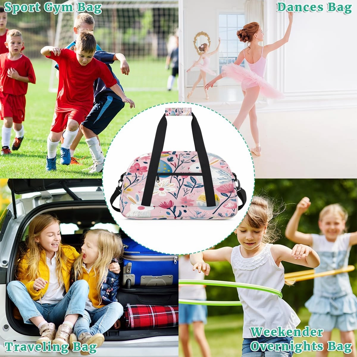 Bunny Flower Kids Overnighter Duffel Bags for Boys, Carry-On Size Sports Gym Bag with Front Zipper Pocket for School Practice or Overnight Travel Weekender Sleepover Tote Bag