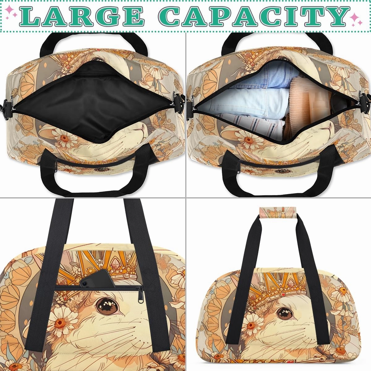 Bunny Queen Kids Overnighter Duffel Bags for Boys, Carry-On Size Sports Gym Bag with Front Zipper Pocket for School Practice or Overnight Travel Weekender Sleepover Tote Bag