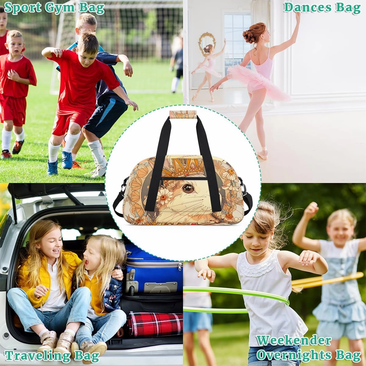 Bunny Queen Kids Overnighter Duffel Bags for Boys, Carry-On Size Sports Gym Bag with Front Zipper Pocket for School Practice or Overnight Travel Weekender Sleepover Tote Bag