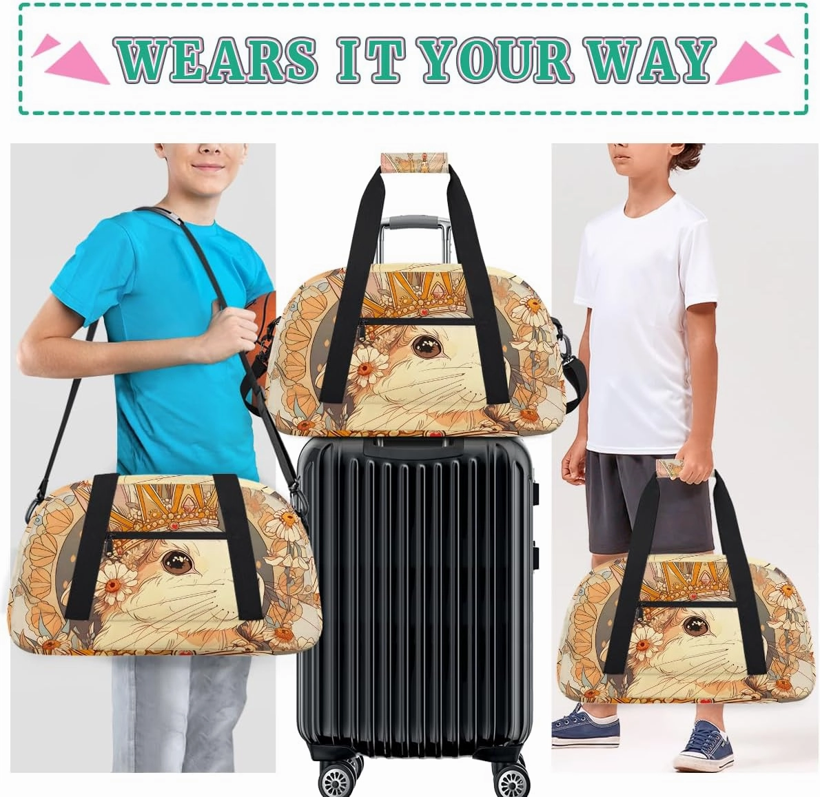 Bunny Queen Kids Overnighter Duffel Bags for Boys, Carry-On Size Sports Gym Bag with Front Zipper Pocket for School Practice or Overnight Travel Weekender Sleepover Tote Bag