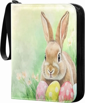 Burbuja Cute Easter Bunny Colorful Eggs Card Binder, 4 Pockets Trading Card Binder, Portable Card Albums Fits 400 Cards with 50 Removable Sleeves for Sport Cards Game Cards