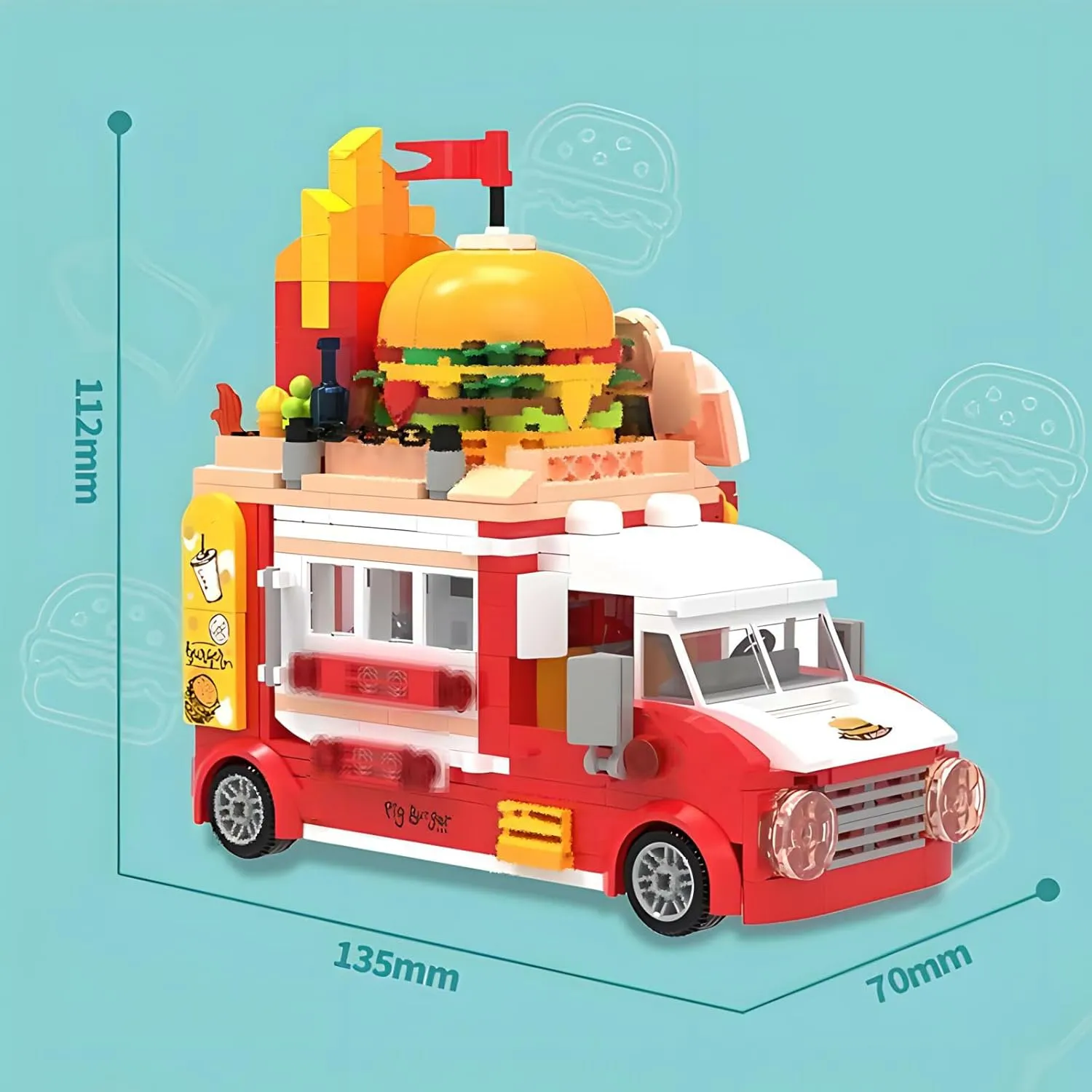 Burger Truck Toy Building Set, Hamburger Van and Kitchen Food Playset, Building Blocks Vehicle Kit, Fun Gift Idea for Birthdays and Holidays (663006)