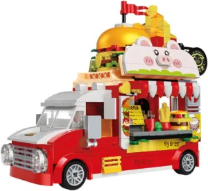 Burger Truck Toy Building Set, Hamburger Van and Kitchen Food Playset, Building Blocks Vehicle Kit, Fun Gift Idea for Birthdays and Holidays (663006)