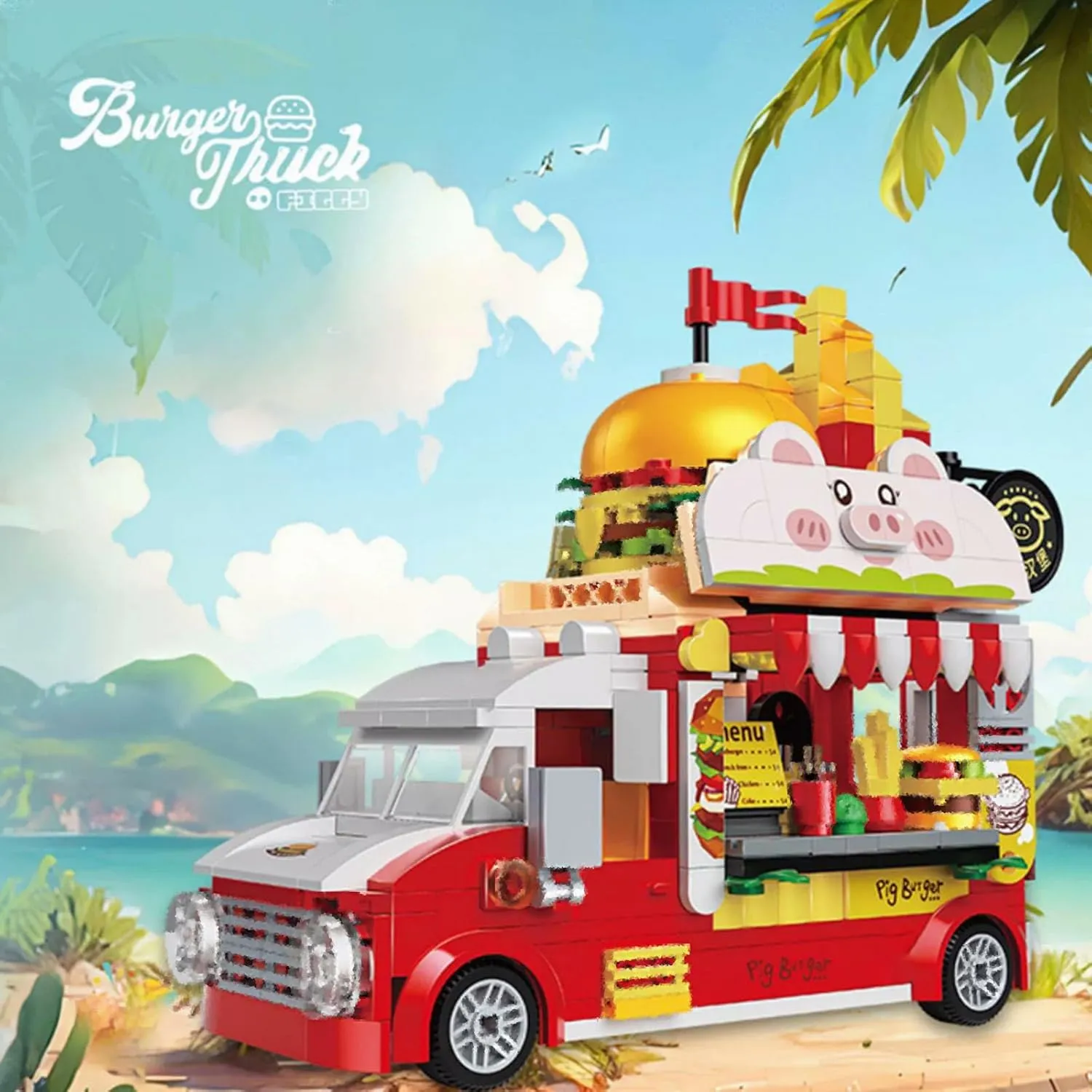 Burger Truck Toy Building Set, Hamburger Van and Kitchen Food Playset, Building Blocks Vehicle Kit, Fun Gift Idea for Birthdays and Holidays (663006)