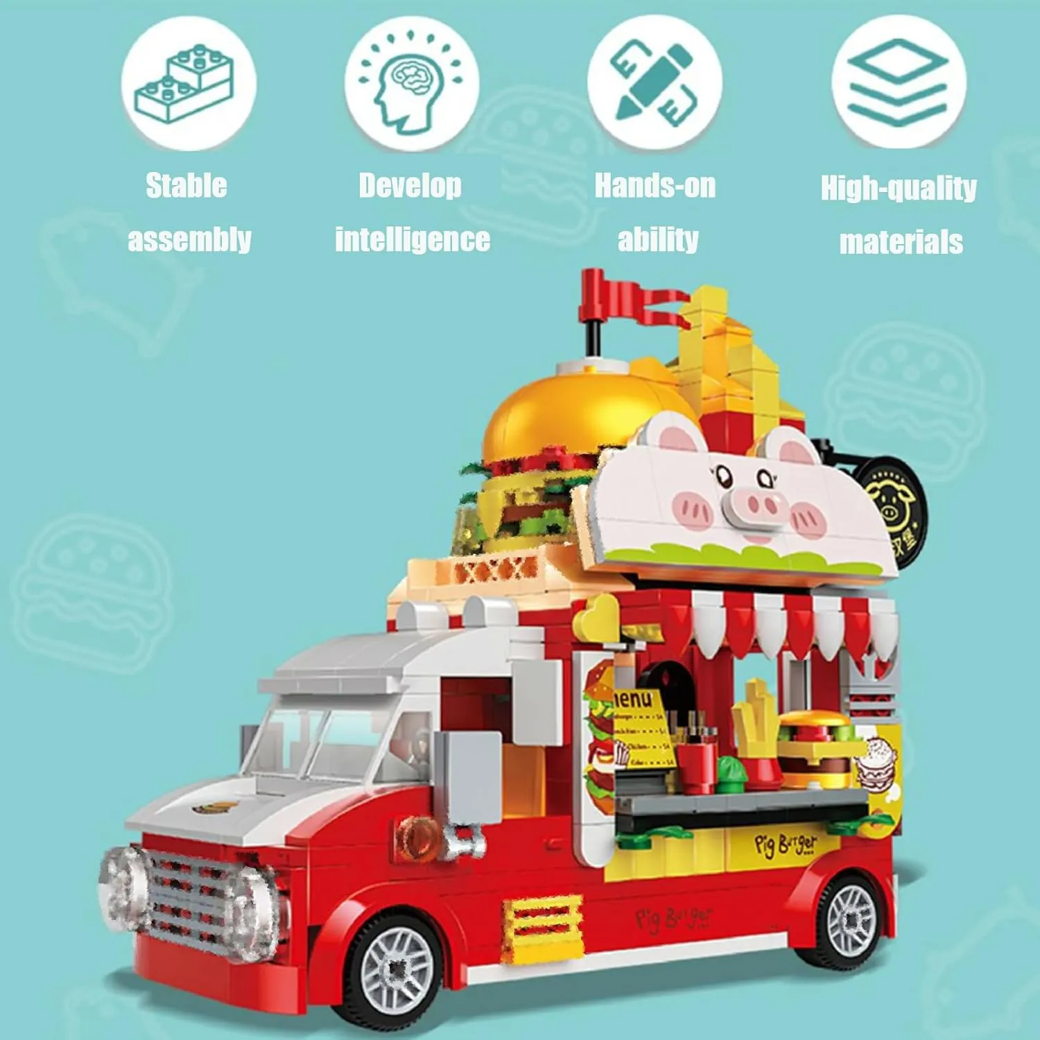 Burger Truck Toy Building Set, Hamburger Van and Kitchen Food Playset, Building Blocks Vehicle Kit, Fun Gift Idea for Birthdays and Holidays (663006)