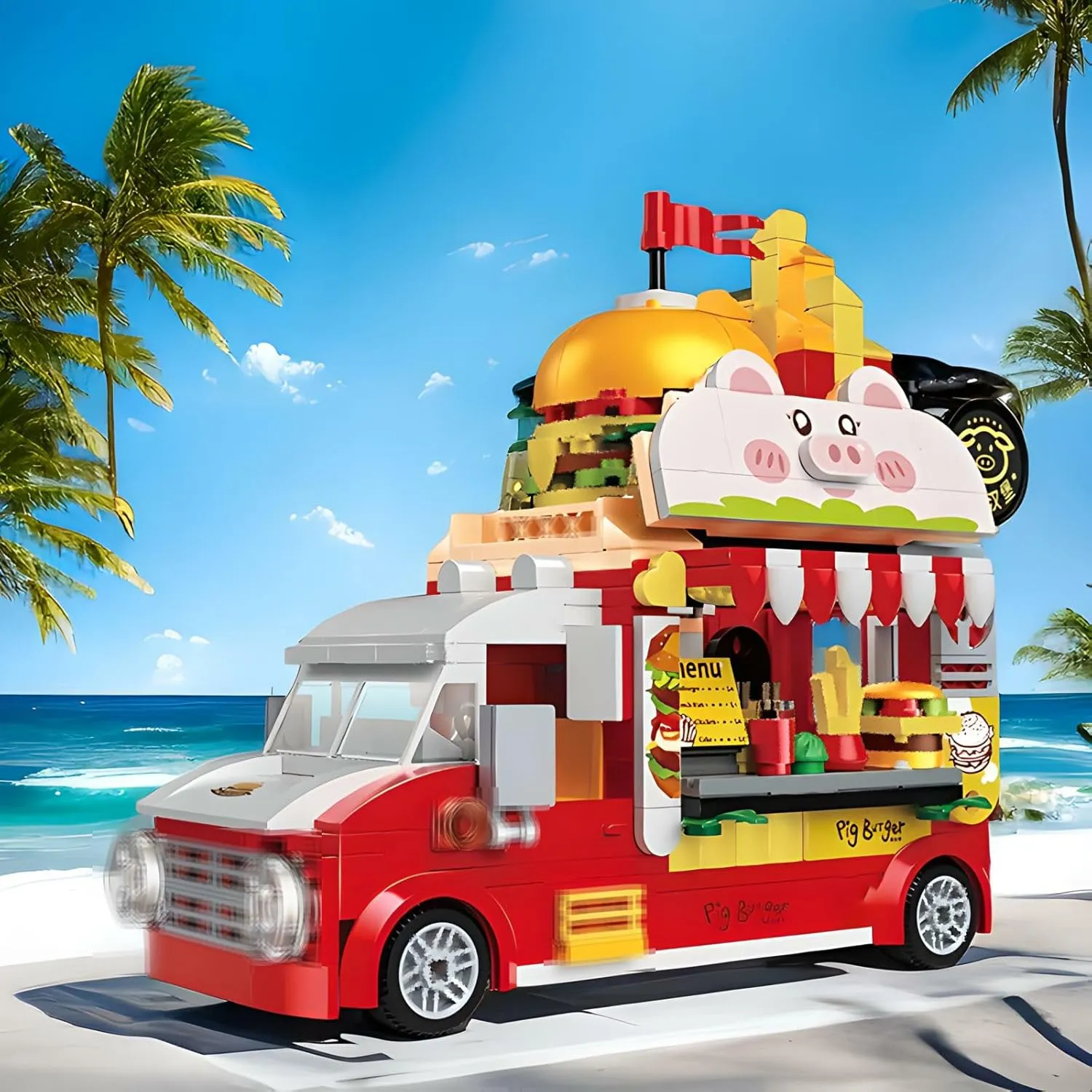 Burger Truck Toy Building Set, Hamburger Van and Kitchen Food Playset, Building Blocks Vehicle Kit, Fun Gift Idea for Birthdays and Holidays (663006)