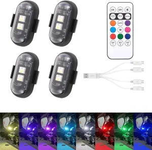 BX 4pcs Wireless LED Strobe Lights with Remote Control, 8 Colors with 10 Modes,USB Charing Waterproof Anti-Collision Led Lights for Car Motorcycle Drone Aircraft Bike, RGB Led Aircraft Strobe Lights