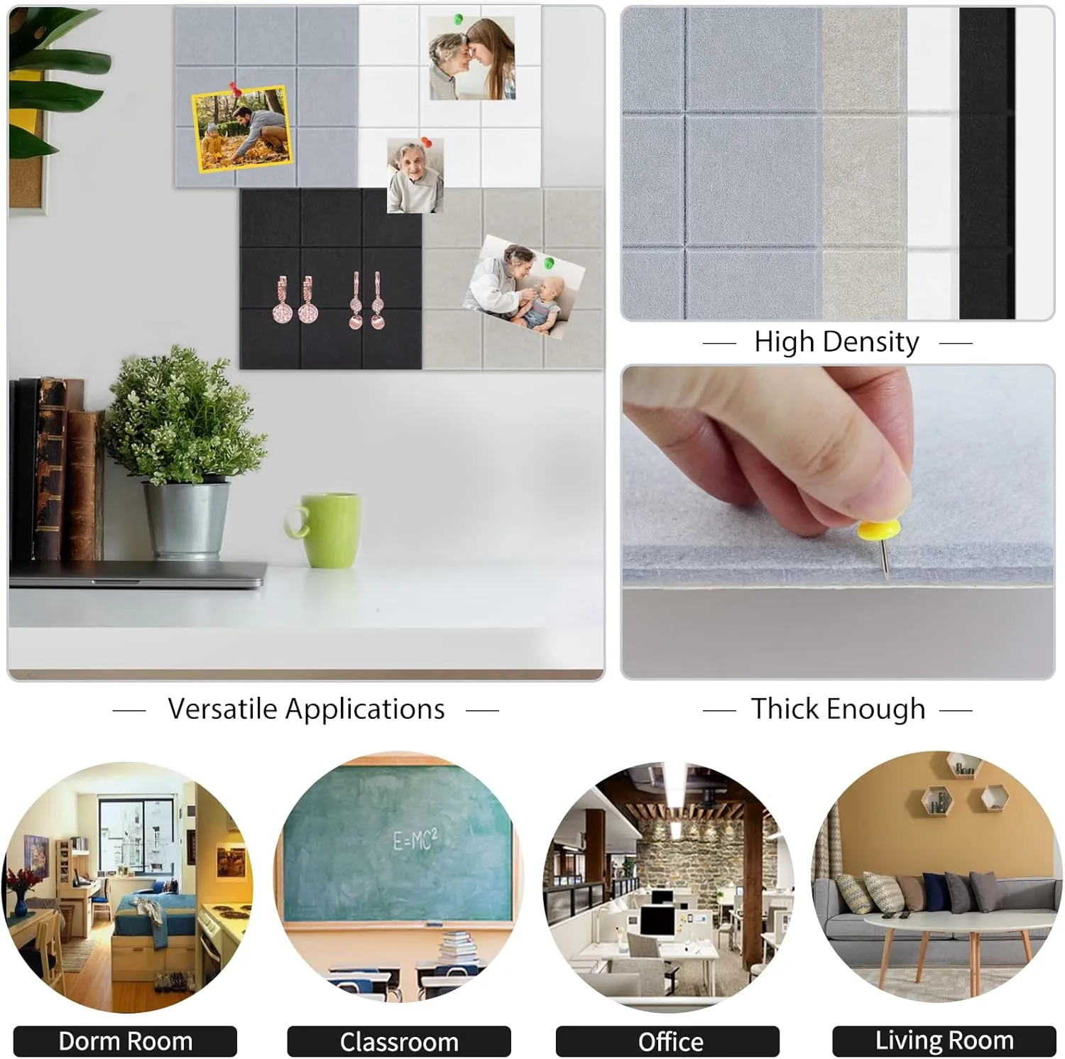 BXI Felt Bulletin Board - 12 X 12 X 3/8 Inches 6 Pcs Self-Adhesive Poster Cork Board with 30 Push Pins, Thick Pin Tiles Display Vision Board, Photo Picture Panels for Home Office Classroom Walls