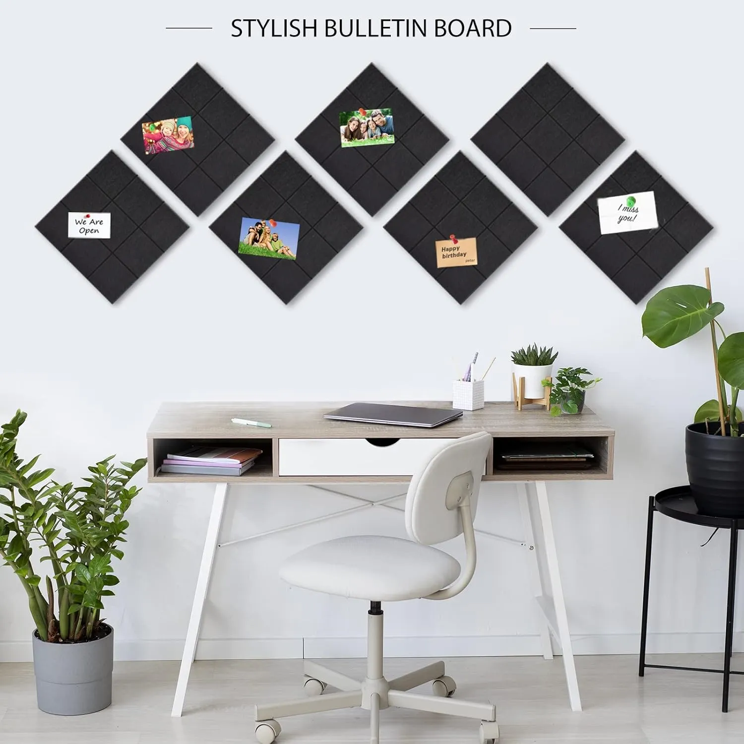 BXI Felt Bulletin Board - 12 X 12 X 3/8 Inches 6 Pcs Self-Adhesive Poster Cork Board with 30 Push Pins, Thick Pin Tiles Display Vision Board, Photo Picture Panels for Home Office Classroom Walls