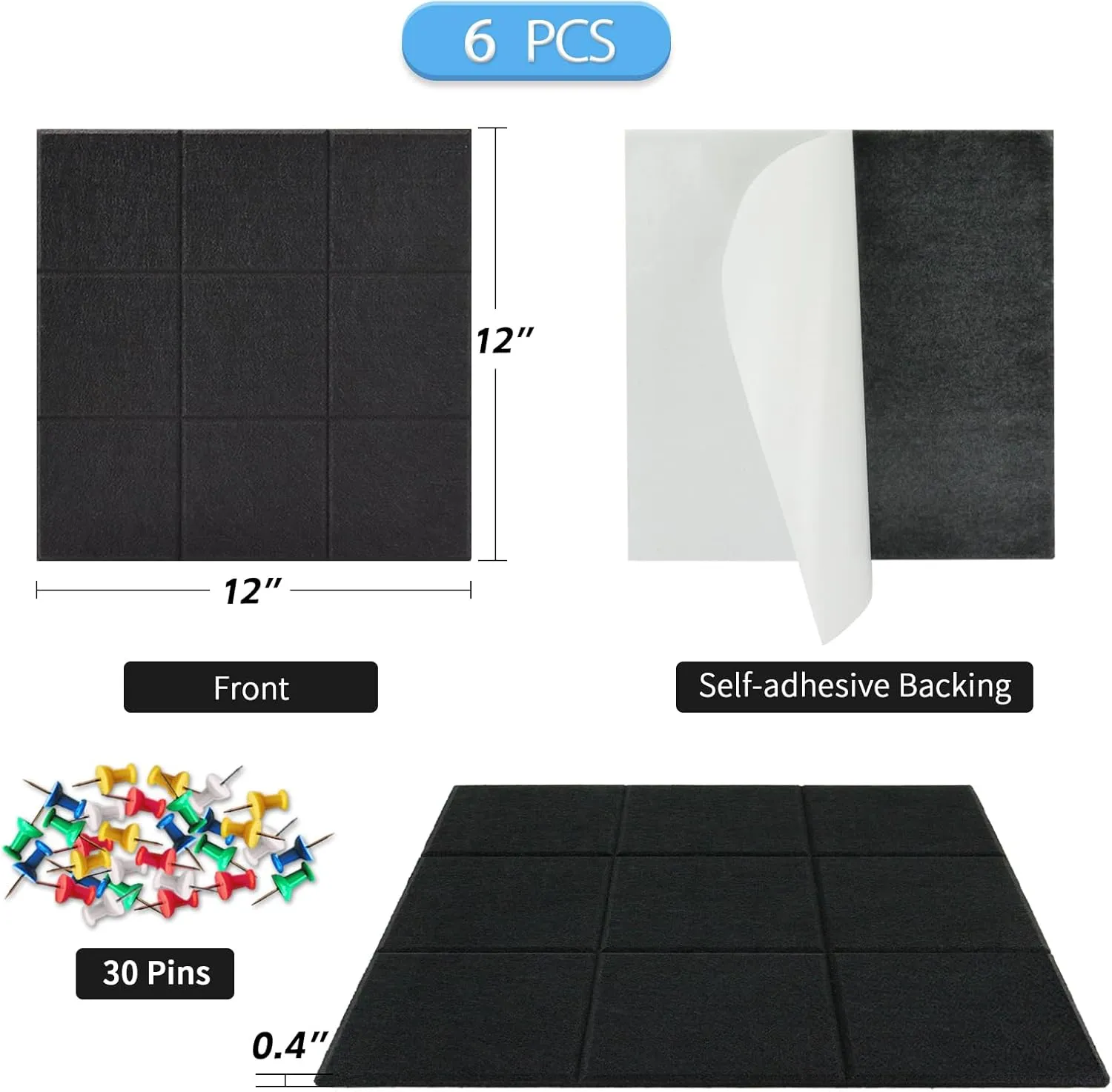 BXI Felt Bulletin Board - 12 X 12 X 3/8 Inches 6 Pcs Self-Adhesive Poster Cork Board with 30 Push Pins, Thick Pin Tiles Display Vision Board, Photo Picture Panels for Home Office Classroom Walls