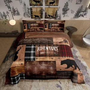 Cabin Bedding Sets Queen Size,Rustic Farmhouse Bedding Comforter Sets,Caming or Adventure Quilt Set,Kids Boys Men Teens Room Decor,Bear Deer Lodge Down Comforter,Black Brown Patchwork Grid Quilts