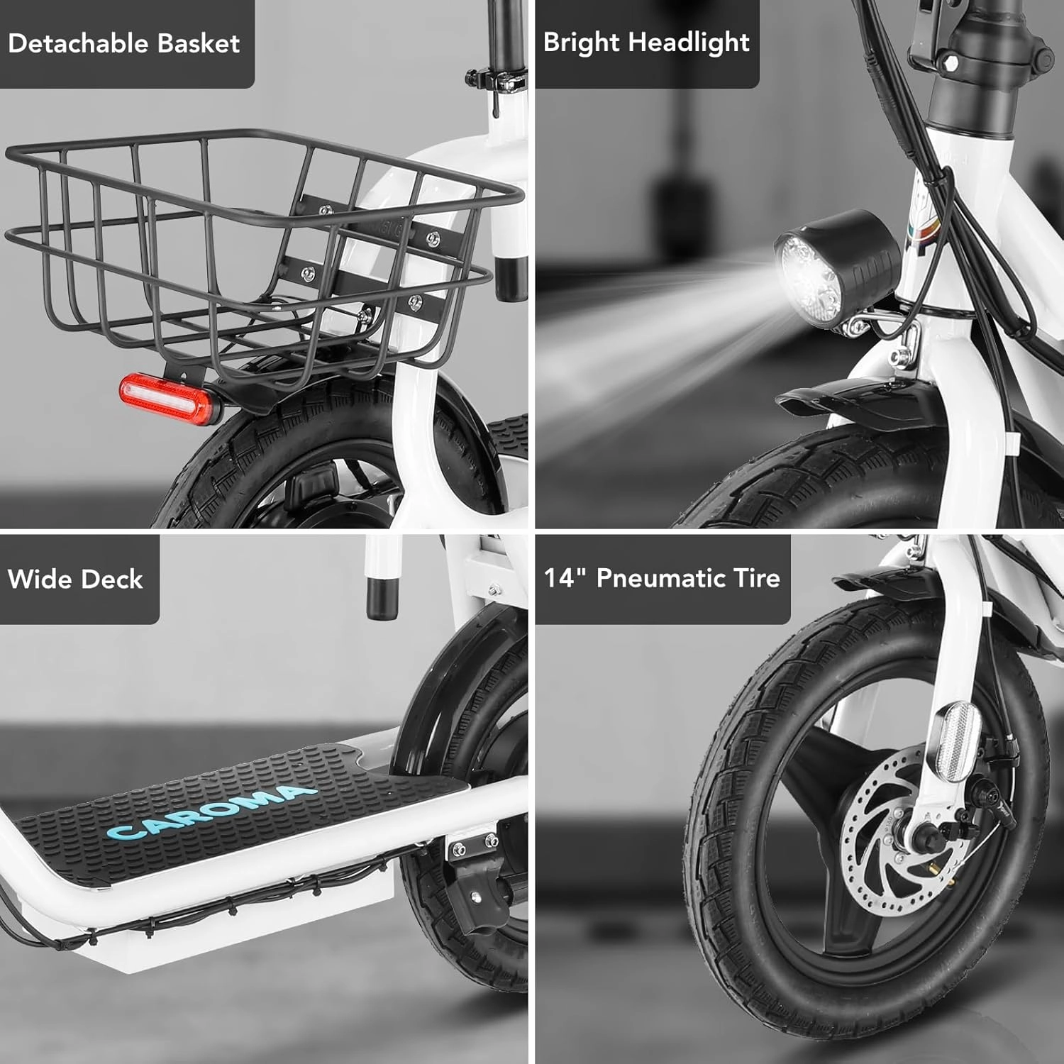 Caroma Peak 1200W Electric Scooter with Seat 14" Tire, 30 Miles Range 20MPH Max Speed, Foldable Electric Scooter for Adults 300 LBS Max Load