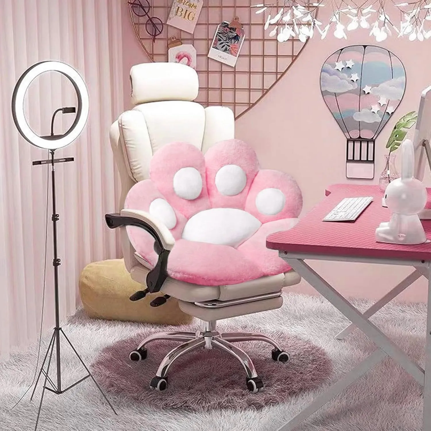 Cat Paw Cushion Kawaii Office Desk Chair Cushion Comfy Plush Cat Paw Shape Gaming Chair Cushion Bear Cute Seat Cushion for Girl, Kawaii Room Bedroom Decorate 28"x 24" (Pink)